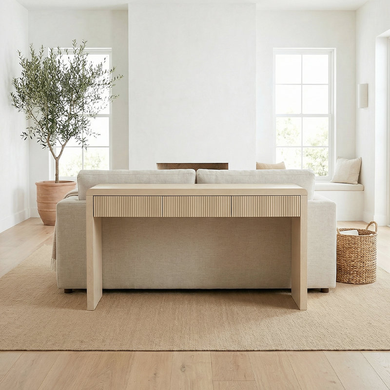 Table de canapé en grain de bois naturel avec rangement - Console d'entrée robuste pour le couloir ou l'espace de vie, Crème