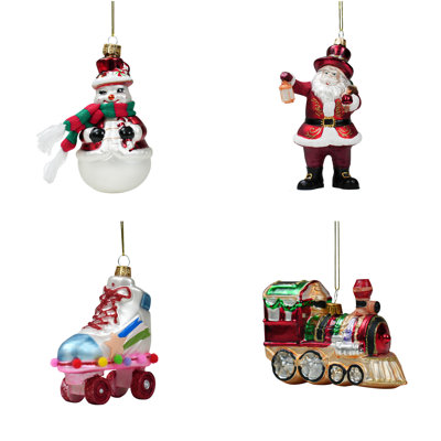 Christmas Ornaments – Snowman With Scarf, Santa With Lantern, Roller Skates & Vintage Locomotive
