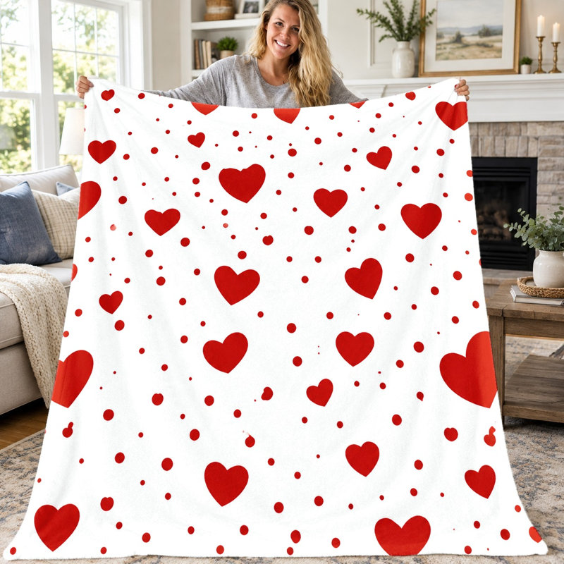 1pc Heart Print Flannel Blanket, Cute Red Hearts Pattern Soft Cozy Warm Blanket for Sofa Couch Bed Living Room Bedroom Dorm Office Travel, Home Decor All‑Season Blanket,, Valentine's Day Gift