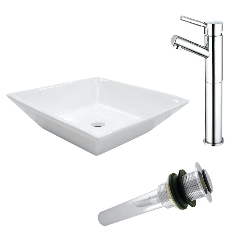 Concord White Ceramic Square Vessel Bathroom Sink with Faucet, Polished Chrome