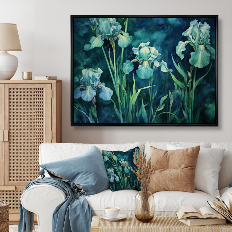«Green Irises Petal I» sur toile, Cadre flottant noir, H 34 po x l 44 po x P 1,5 po