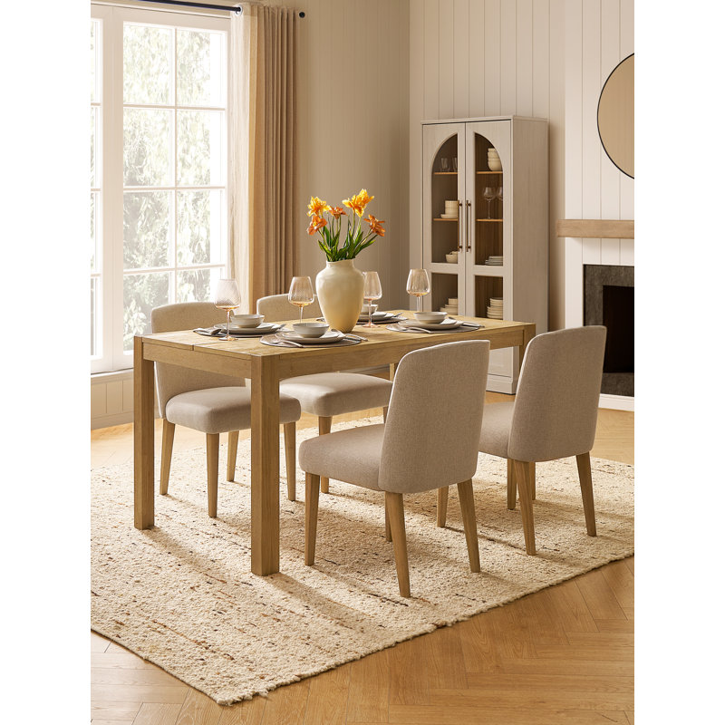 Logan Upholstered Beige Dining Chairs Set Of 4, Modern Farmhouse Solid Wood 5 Piece 59" Dining Table Set For Dining Room Kitchen
