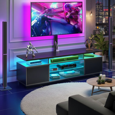 Black 51.2-Inch Rotatable TV Stand, Compatible With 32-70 Inch Tvs, Includes Bracket, Power Outlet, LED Lights, And Storage. Height Adjustable.