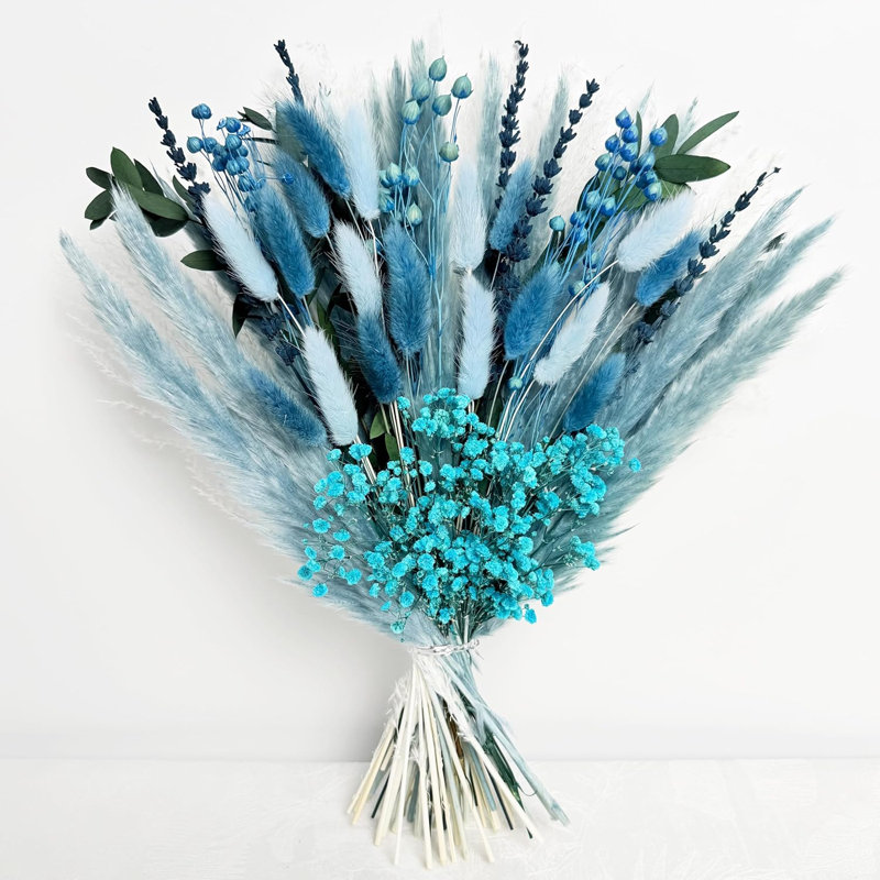 Bouquet de fleurs séchées bleues - 43 cm (17 pouces) - Composition florale bohème en herbes de la pampa naturelles - Centre de table pour la maison