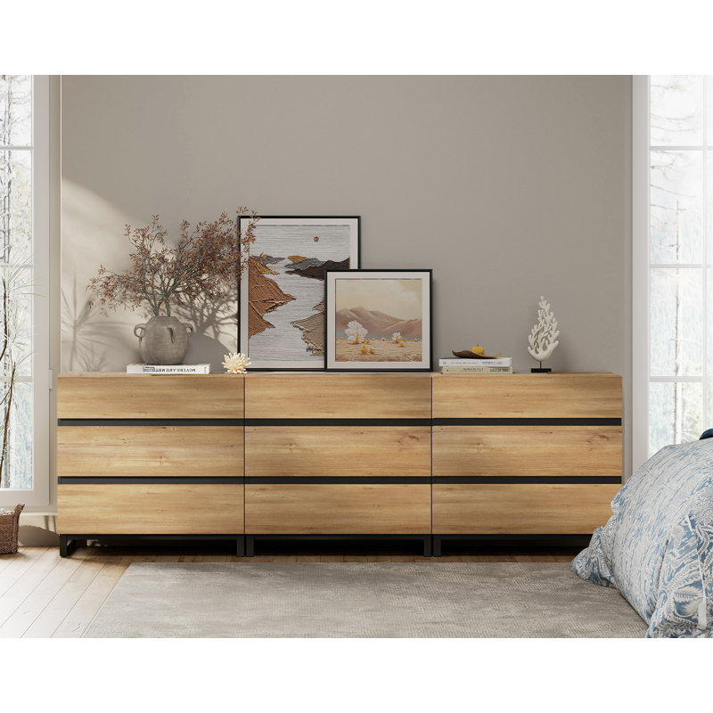 Aadam Dresser For Bedroom, Closet Organizers And Storage With 9 Drawers, Chest Of Drawers With Metal Base, Wooden Modern Dresser For Living Room, Bedroom, Entryway, Oak
