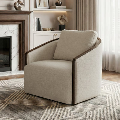 Noa 32.3"W Upholstered Swivel Accent Chair with Exposed Wood Trim