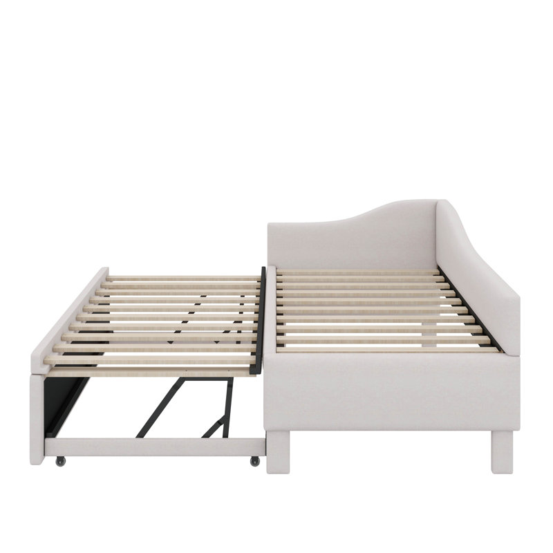 Twin Size Upholstered L-Shaped Upholstered Daybed With Trundle, Beige