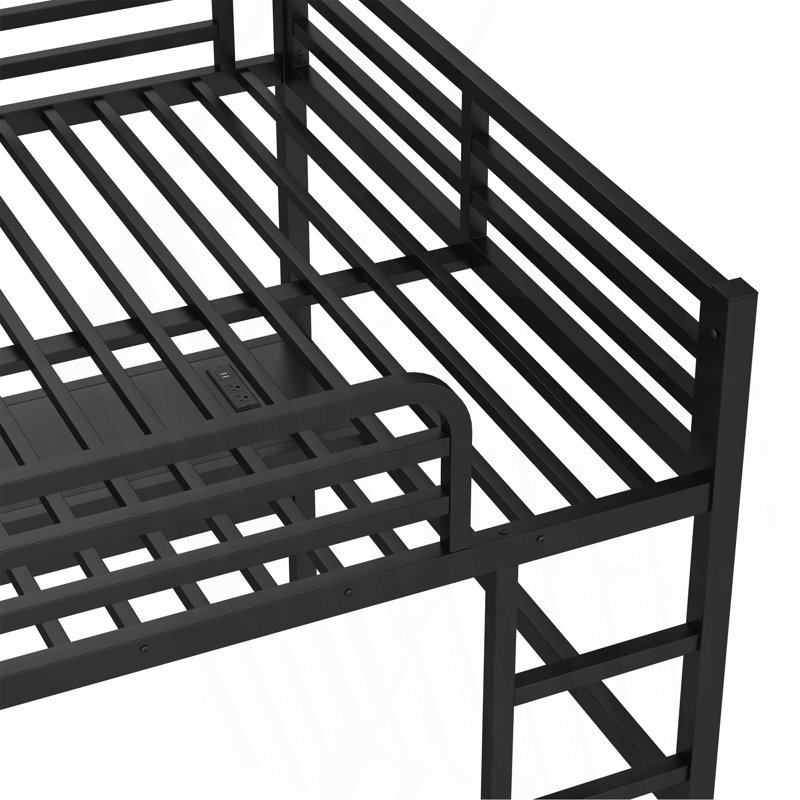 Grand lit mezzanine en métal avec prise de courant et éclairage DEL, peu encombrant, réduit le bruit, noir