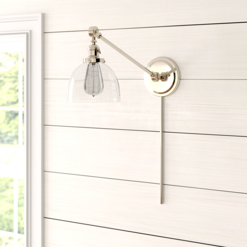Martucci Plug-in Swing Arm Sconce, Polished Nickel, Transparent Glass