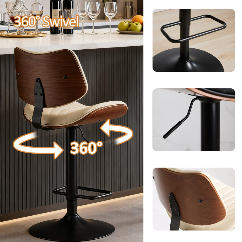 Ensemble de 2 tabourets de bar de style Mid-Century moderne - Design en bois cintré noyer avec revêtement en similicuir, pivotant à 360 ° et à hauteur réglable pour îlot de cuisine, salle à manger ou café