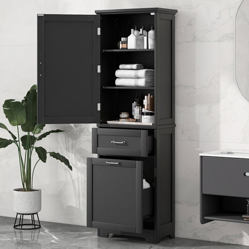 Grande armoire de rangement pour salle de bain, armoire de rangement autoportante avec deux tiroirs de tailles différentes et tablette réglable, panneau de fibres à densité moyenne avec finition peinte