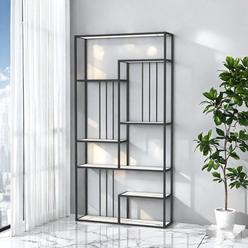 Bibliothèque de rangement de haute qualité, Blanc/Noir, (7 tablettes) H 78,7 po x l 47,2 po x P 11,8 po