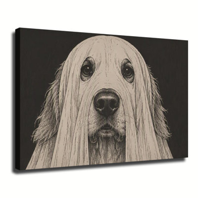 Golden Retriever Ghost Costume Black Background Line Drawing, Halloween Dog Portrait Canvas Wall Art, Rustic Pet Wall Decor