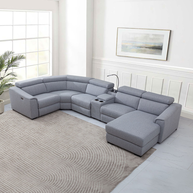 Upholstered Power Reclining U-Shaped Sectional, Right Hand Facing, Fog Polyster Blend