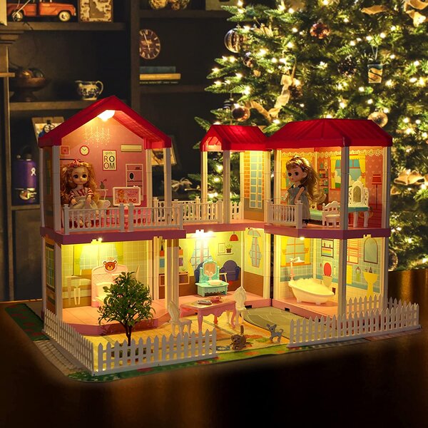 Xin Sheng Dollhouse Play House For Girl, Doll House With Lights & Two Dolls & Furniture Accessories, Birthday Gift For 3 4 5 6 7 Years Old, Doll - DIY Dollhouses Pretend Play Toys Building 6 Houses |
