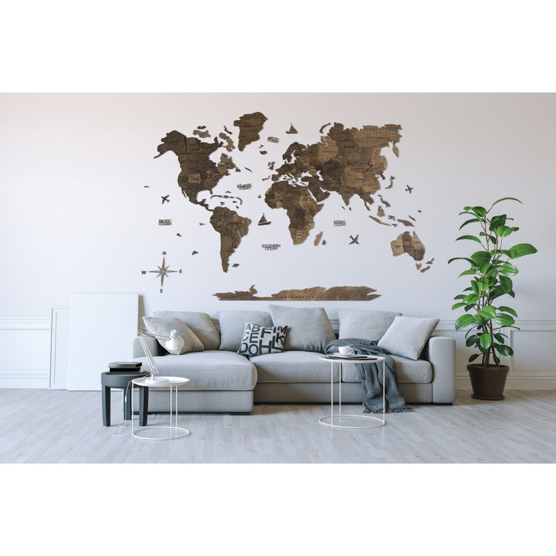 Décoration murale minimaliste, art mural carte du monde 3D, Noyer foncé