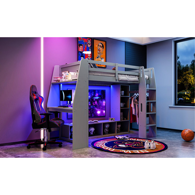 Lit mezzanine simple gris avec bureau, éclairage à DEL, support multicolore et support suspendu