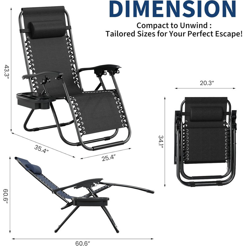 Patio Lounge Chair Set of 2, with Pillow & Cup Tray, Black 