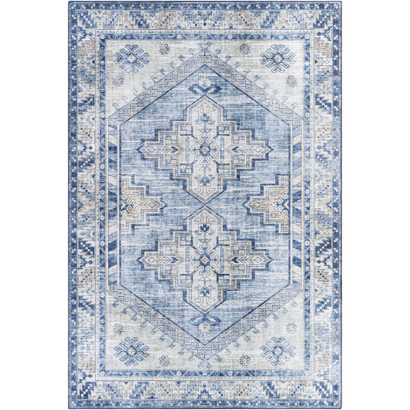 Tapis bleu / blanc Fleckenstein, Tapis de couloir 2 pi 6 po x 7 pi 6 po
