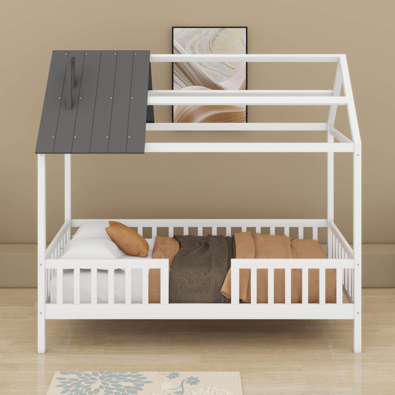 Twin Wood House Bed With Fence, White/Gray