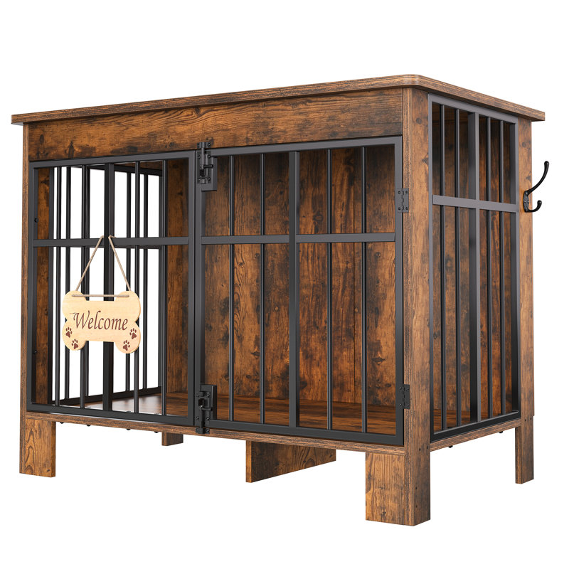 85 cm Dog Crate Furniture, Double Door Dog Cage with Welcome Sign & Side Hook for Small & Medium Dogs, Brown