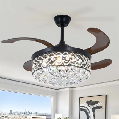 42’ - Black Heart Crystal Invisible Fan Light - Remote Dimmable - For Living Room, Kitchen Island, Bedroom, Etc.