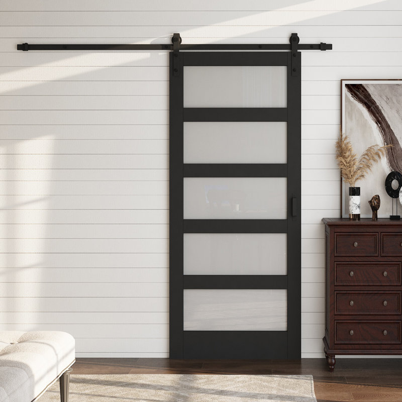 84 po. H 84 po x l 30 po. 5 portes de grange coulissantes en verre noir avec quincaillerie d'installation et surface en PVC