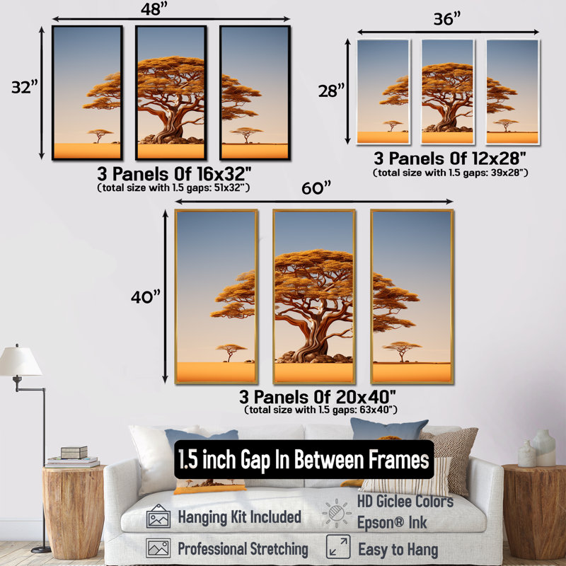 Arbre africain, arbre IV - ensemble d'art mural sur toile, arbre africain, Cadre flottant blanc, H 28 po x l 36 po x P 1 po