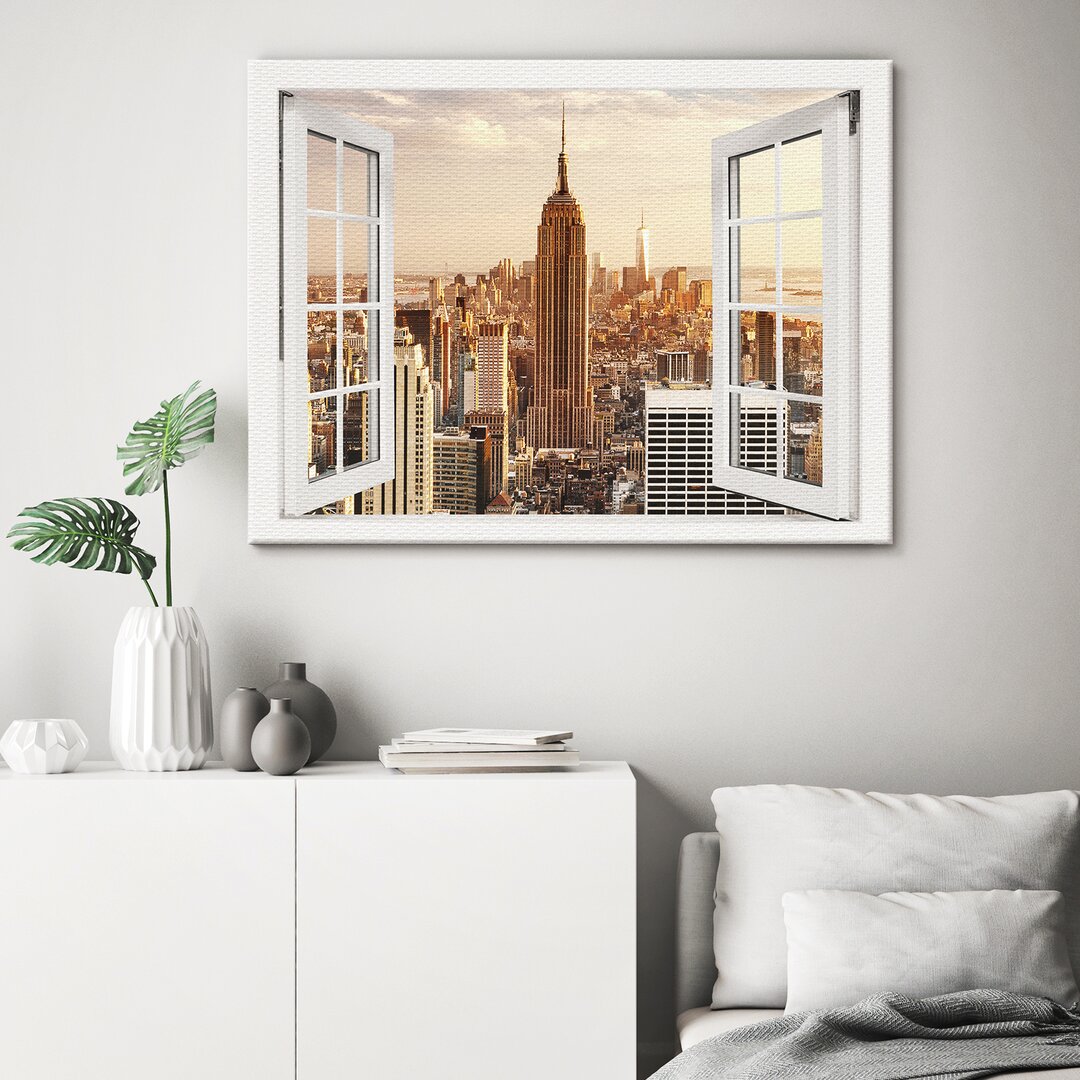 Leinwandbild Manhattan Empire State Building Fenster 100X75cm – Premium Leinwanddruck – Kunstdruck Auf 2Cm Holz-Keilrahm...