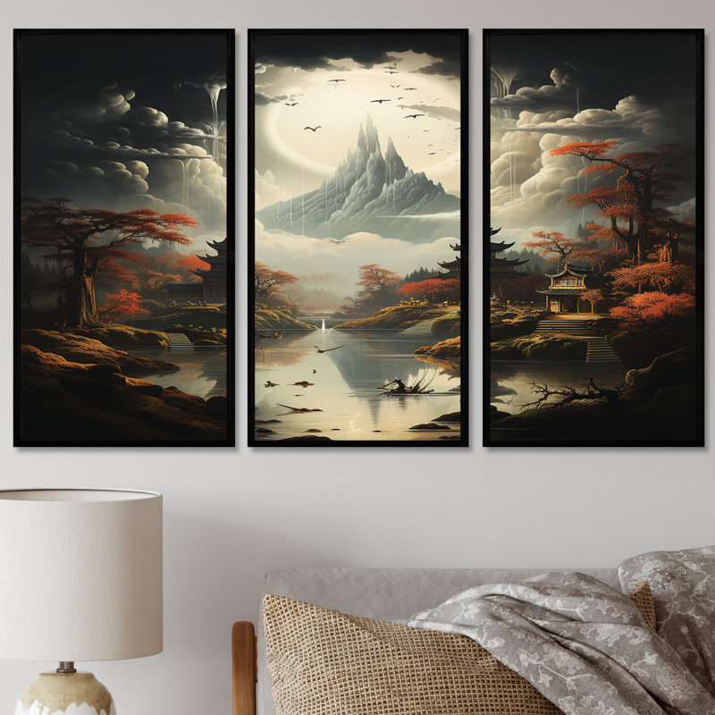 Pagodes en argent, paysage de montagne, ensemble de décorations murales, H 28 po x l 36 po x P 1 po, Cadre flottant noir