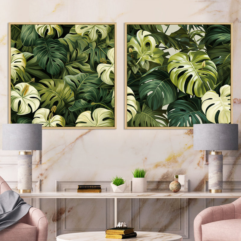 Liloh - Ensemble de 2 collages carrés tropicaux, Cadre flottant brun, H 30 po x l 61 po
