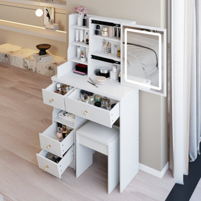 Small Size Left Drawer Desktop Vanity Table + Cushioned Stool, 2 AC+2 USB Power Station, Hair Dryer Bracket, Extra Large Touch Control Sliding LED Mirror, Tri-Color Switching, EPA,GCC,UL Certificate