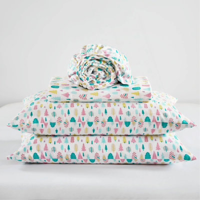 4 PCS Cotton Flannel Printed Sheet Set White Holiday Trees