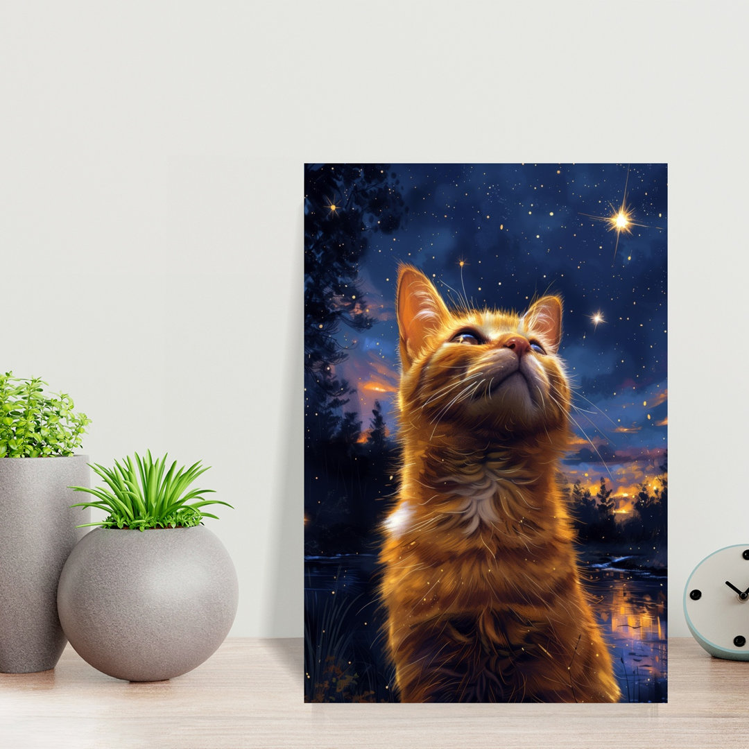 Orange Cat Stargazing Dreamy Peaceful Serene Cat Forest Landscape Wall Art Print