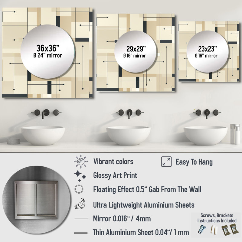 Décoration murale beige et grise Minimalist Grid - Miroir carré moderne pour chambre à coucher, 23 po x 23 po