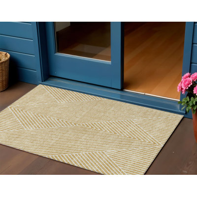 Tapis extérieur lavable à motif géométrique doré et ivoire 3 pi x 5 pi