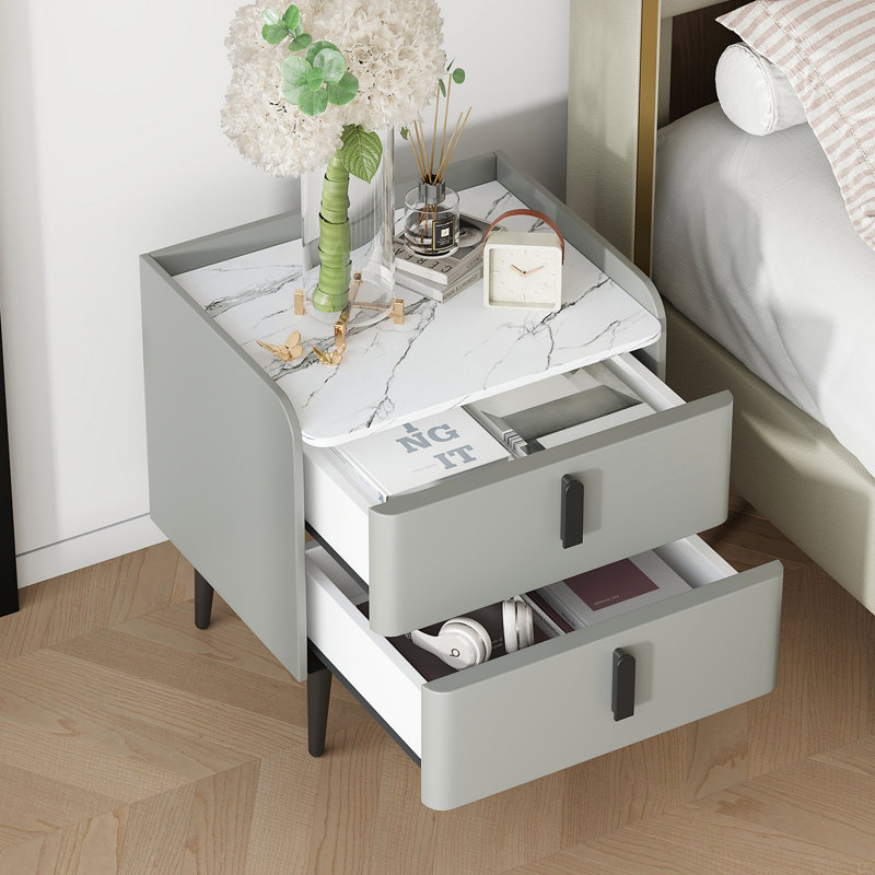 Table de chevet avec 2 tiroirs, table de chevet avec plateau en marbre, table d'appoint, Gris, Individuel