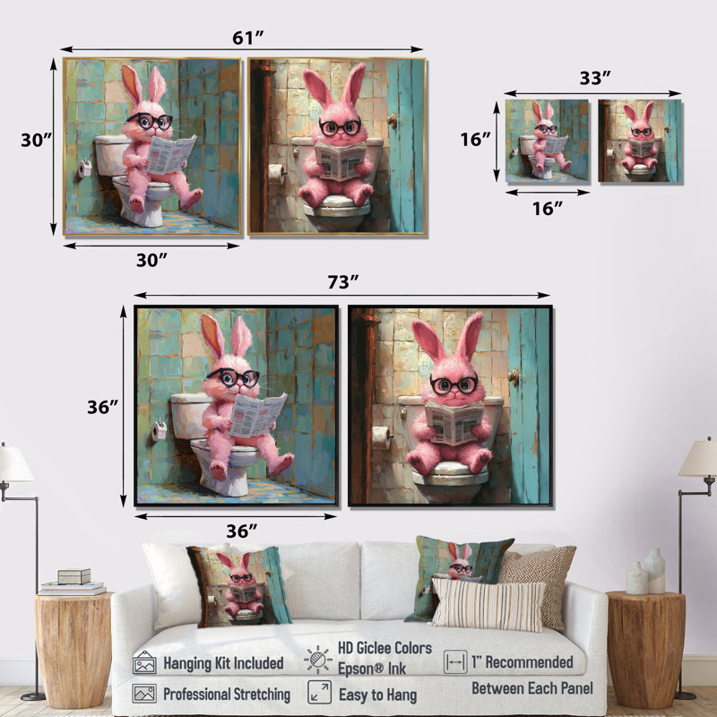 Lapin lisant les nouvelles dans la toilette I - Art mural animal lapin - ensemble de 2 décorations murales modernes