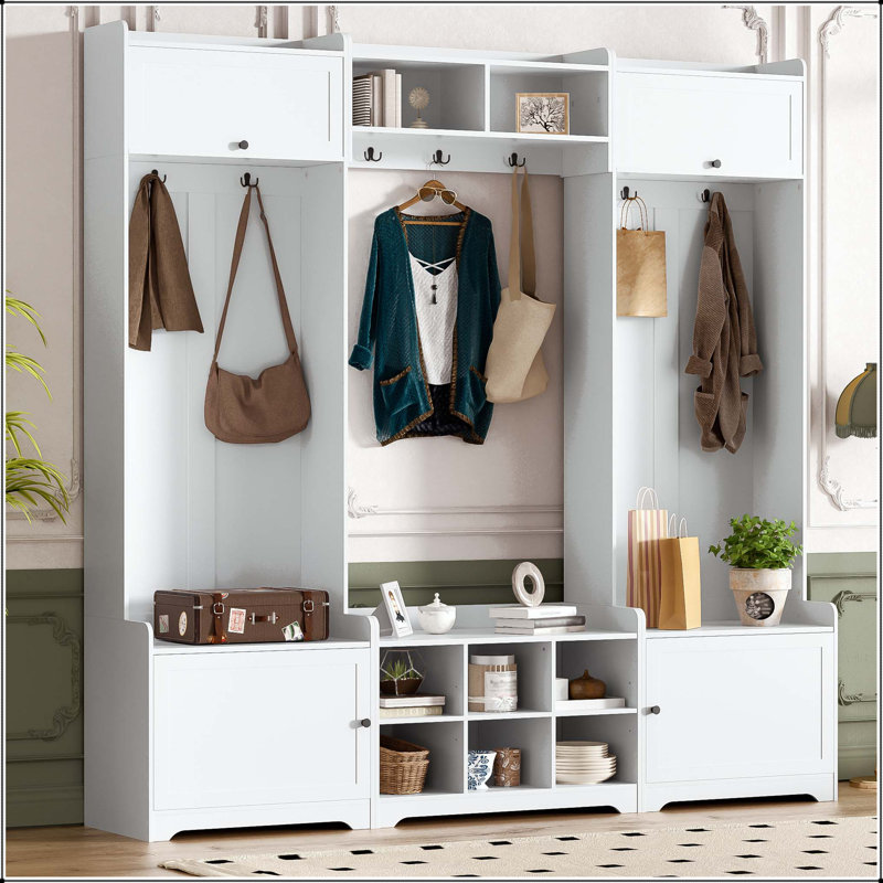 79.1" Wide Modern Hall Tree with Shoe Storage & 7 Hooks, White