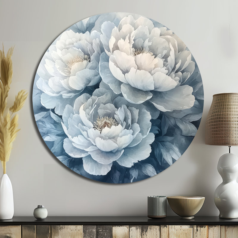 Fleurs de pivoines givrées monochromes - reproduction d'art traditionnelle en métal gris, pivoines rondes, art mural en métal