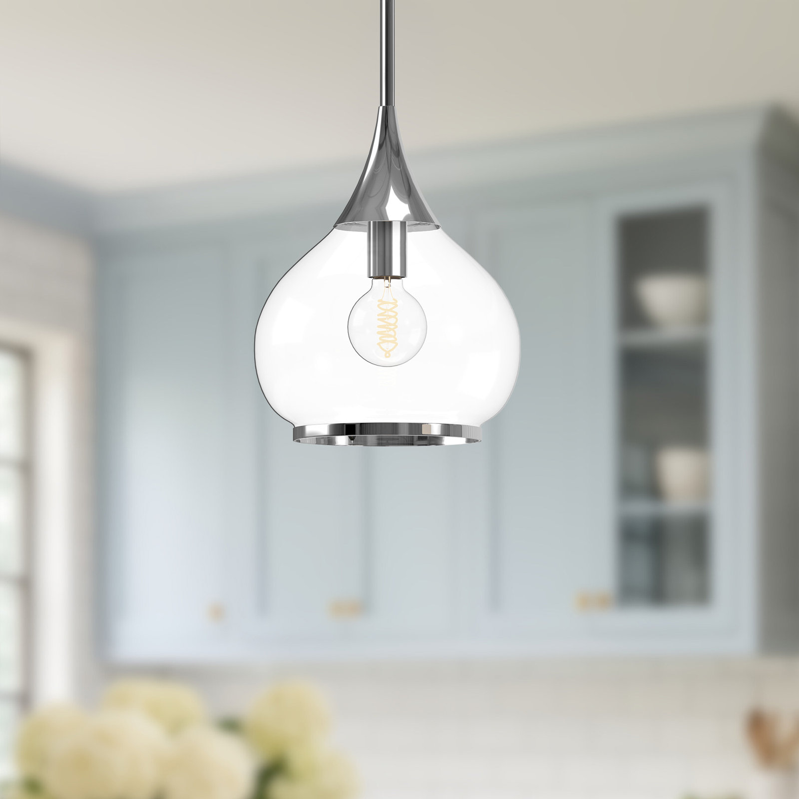 Hazel Single Light Glass Pendant, Chrome, Clear, 63" H x 10" W x 10.13" D