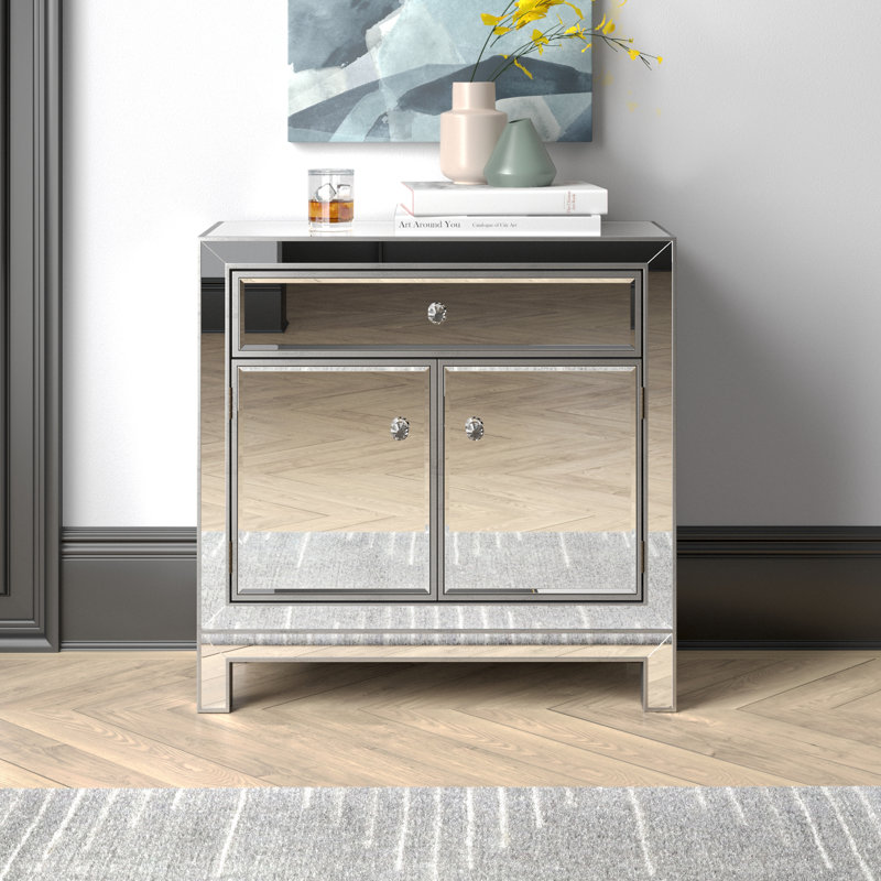 Sigmund 2-Door Mirrored Accent Cabinet, Antique Silver