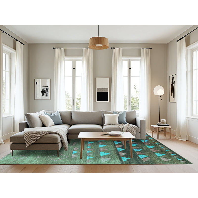 Tapis turquoise / bleu en laine tissé à la machine Dequinn, Rectangle 8 pi x 12 pi
