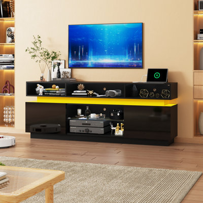 Meuble télé 71 pouces à DEL ultrabrillant avec prises de courant, grand meuble télé moderne pour téléviseur de 80 po ou moins, console multimédia de jeu pour le salon