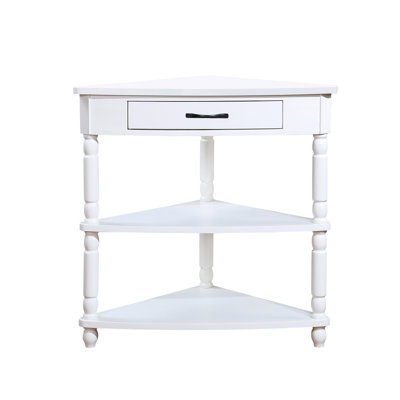 3 Tier Milk White Corner Table, 33.8'', Solid Wood Legs For Reliable Use Table With Limited Spaces - 33.8'' Triangle End Living Room, Bedroom, Bathroom, Corridor, Balcony Simple Mounting