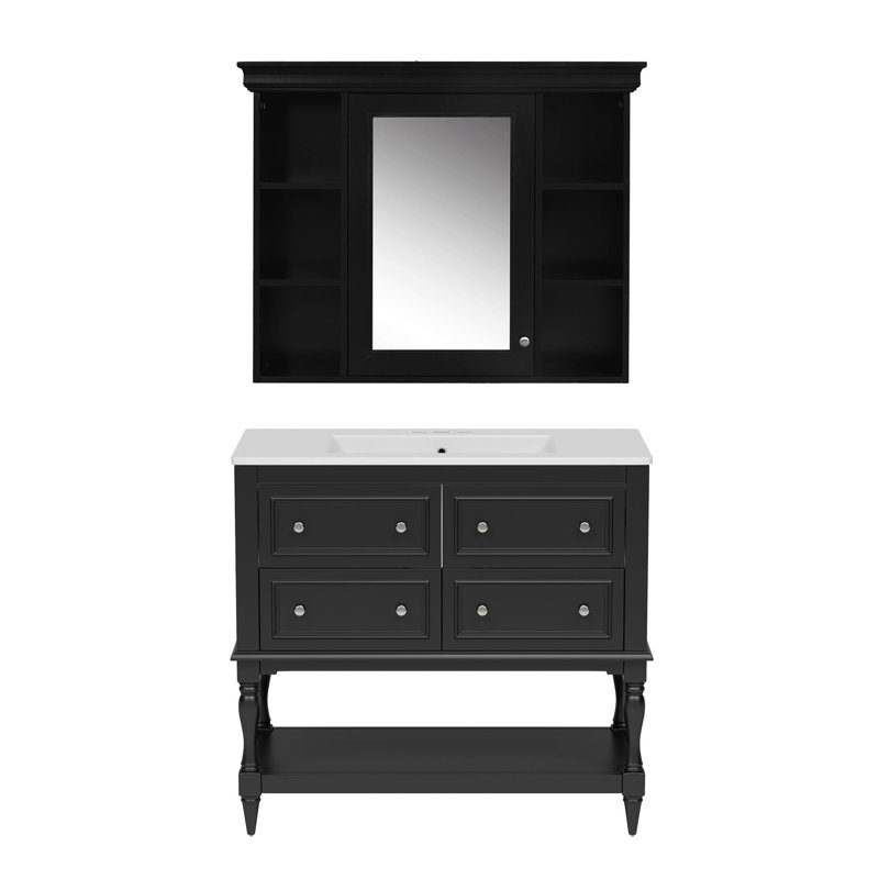 Meuble-lavabo simple 36 po avec lavabo en céramique, Noir, noir, noir, noir