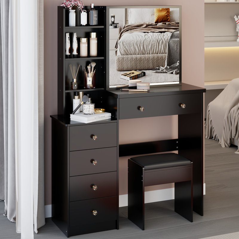 37-Inch Bedside Cabinet Vanity Table With Cushioned Stool, 24"X22" Sliding Mirror, High Capacity Storage, American Design, Black For Middle Rooms Middle