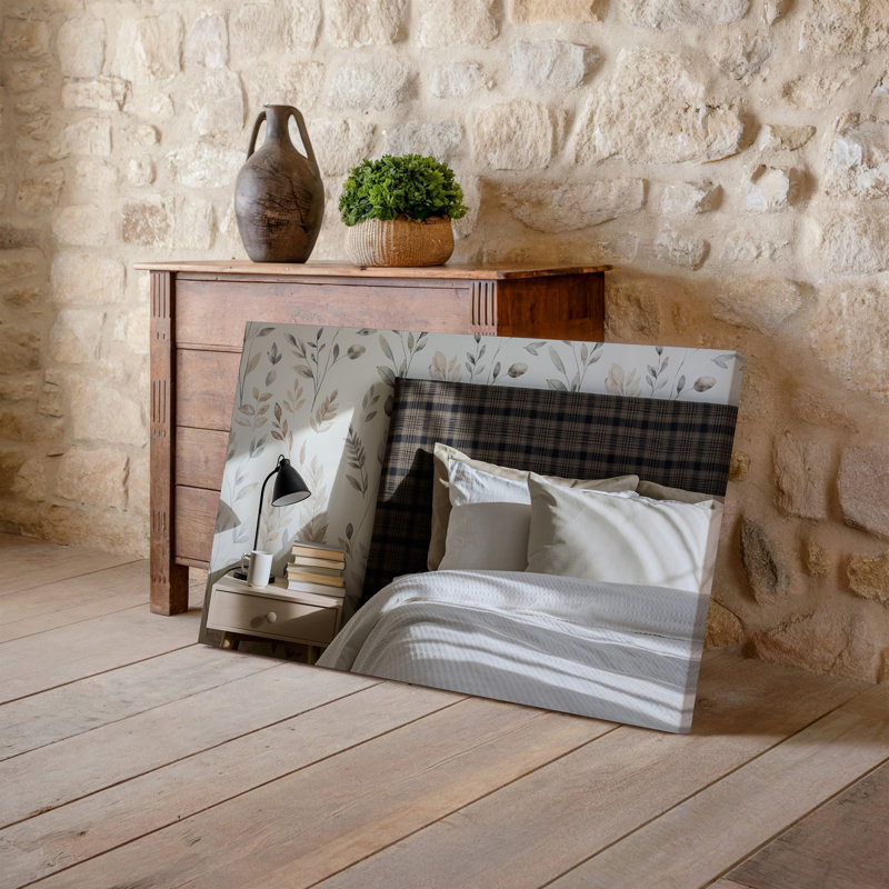 Toile, scène de chambre à coucher scandinave sereine avec une tête de lit à motif écossais dans des tons foncés complétée par un art mural blanc sur toile