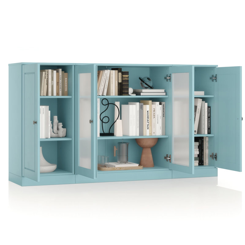 Buffet 100% bois massif 65 po avec portes en verre givré et tablettes réglables, Bleu aqua