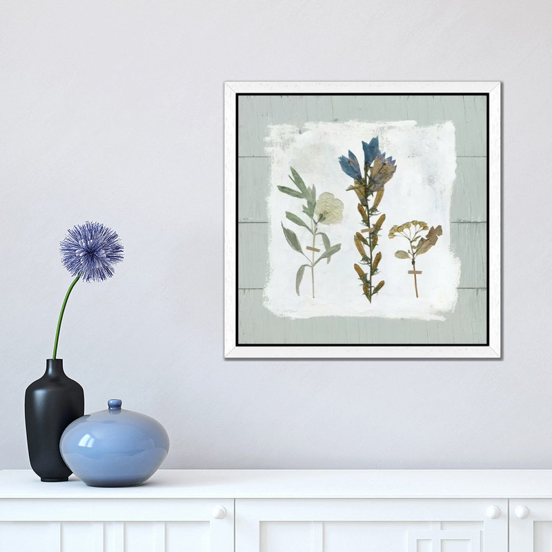 Pressed Flowers On Shiplap I by Carol Robinson - Floater Frame Painting on Canvas, 45.72 cm H x 45.72 cm W, White
